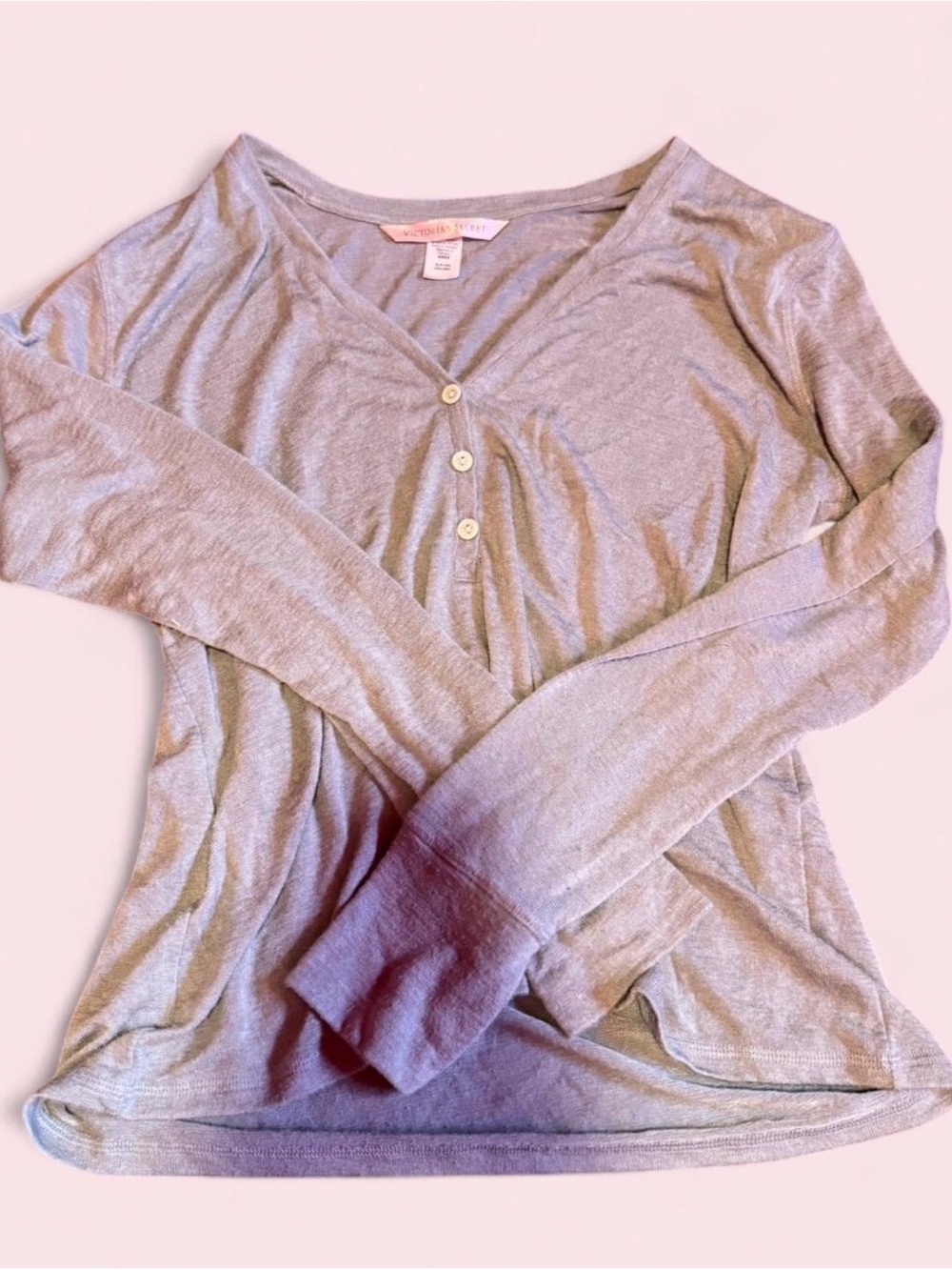 Victoria's Secret PINK grey long sleeve sleep top with cream buttons lightweight - Picture 2 of 3